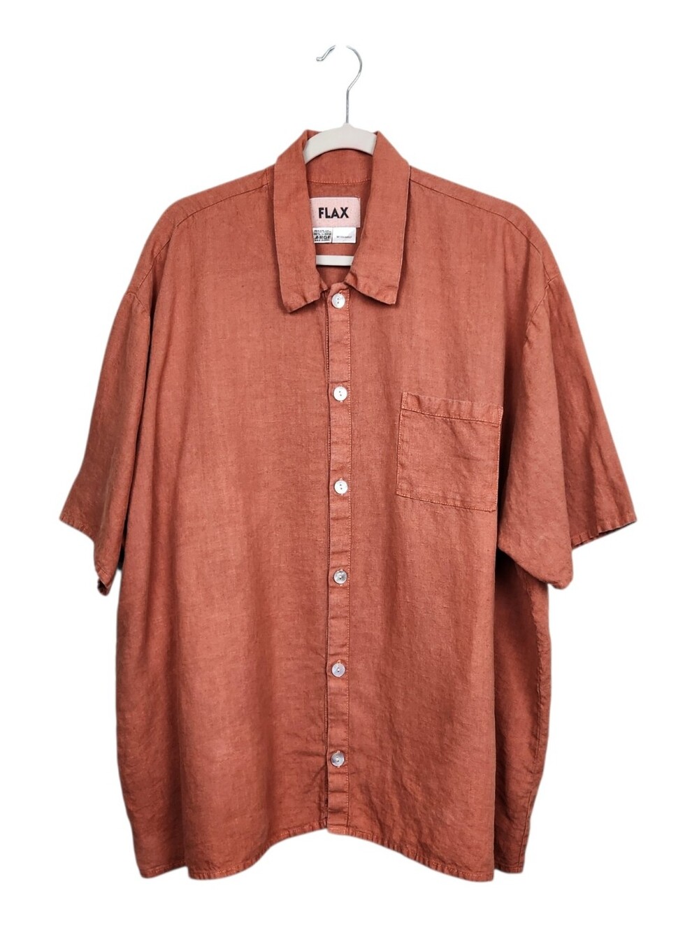 Flax Terracotta Rust Orange Button Down Front 100% Linen Shirt Mens Size Large